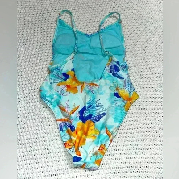 XHILARATION TROPICAL SCOOP BACK HIGH HIP ONE PIECE FLORAL SWIMSUIT, BLUE… - Picture 3 of 13
